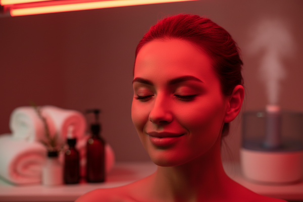 Close-up facial portrait with red spa lighting
