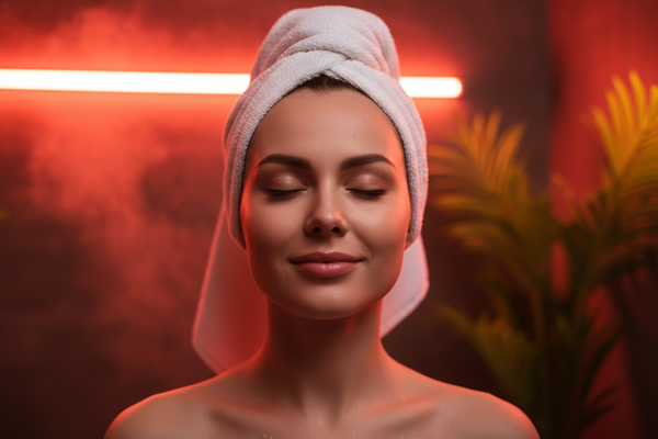 Relaxed facial close-up with red spa lighting