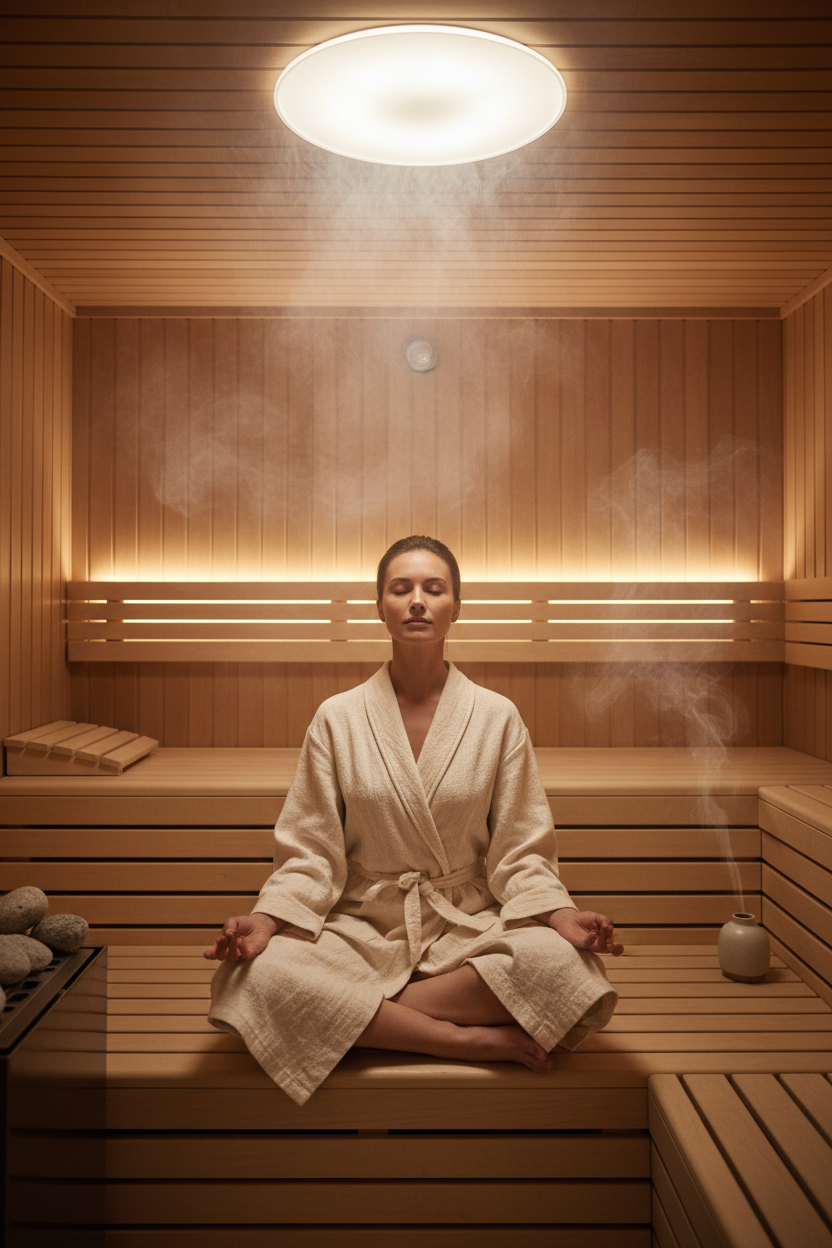 Serene meditation pose in hazel-toned sauna