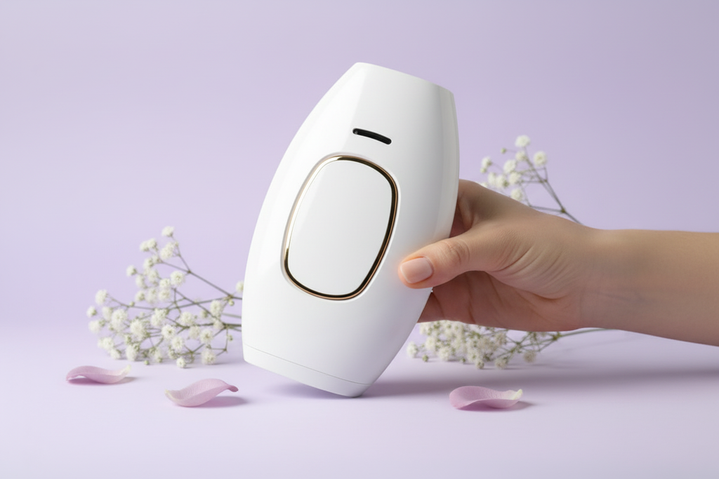 Woman holding white IPL with flowers