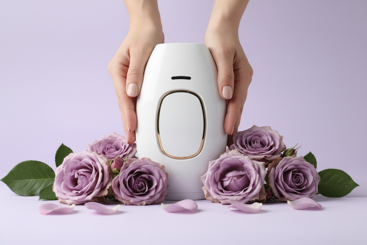 Woman's hands holding white IPL with roses
